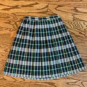 Girls Size 16 Green Yellow White Plaid Pleated School Girl Skirt Knee Length EUC